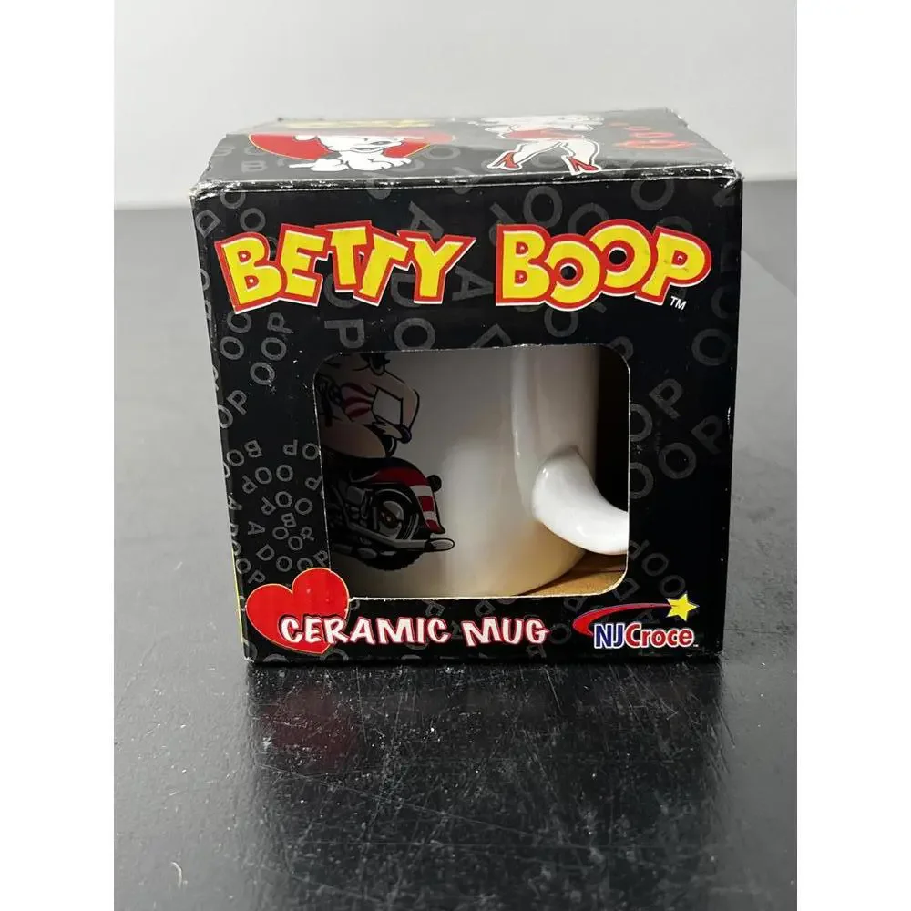 NJ‎ Croce Betty Boop Ceramic Mug White Patriotic Motorcycle 2003 NIB